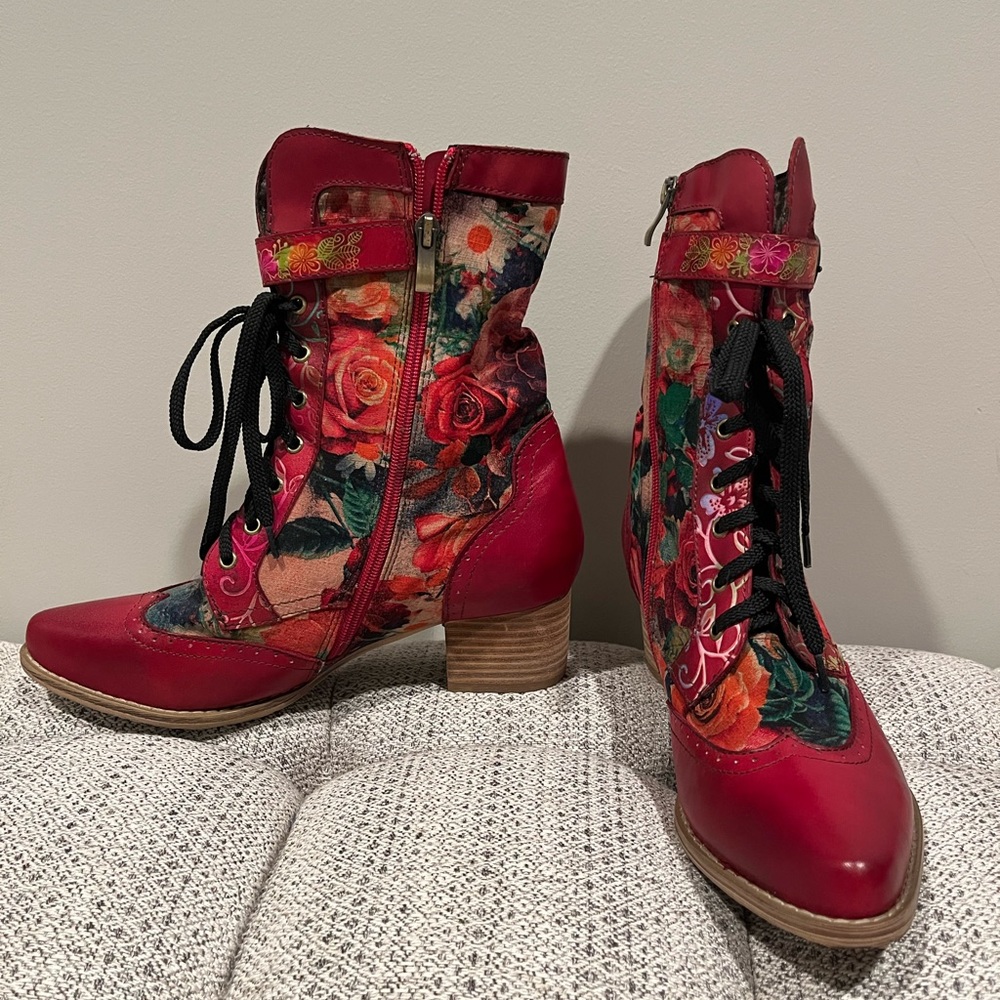 Handmade red floral boots